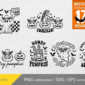 K&ouml;nnte beinhalten: Ein Set mit 17 Schwarzwei&szlig;-Digitaldesigns mit K&uuml;rbissen, Geistern und Kakteen mit westlich angehauchten Halloween-Spr&uuml;chen. Der Text beinhaltet "Boo! Hah", "Country Pumpkin", "Howdy Pumpkin", "I Ghost People All Year Round" und "Boot Scootin' Spooky".