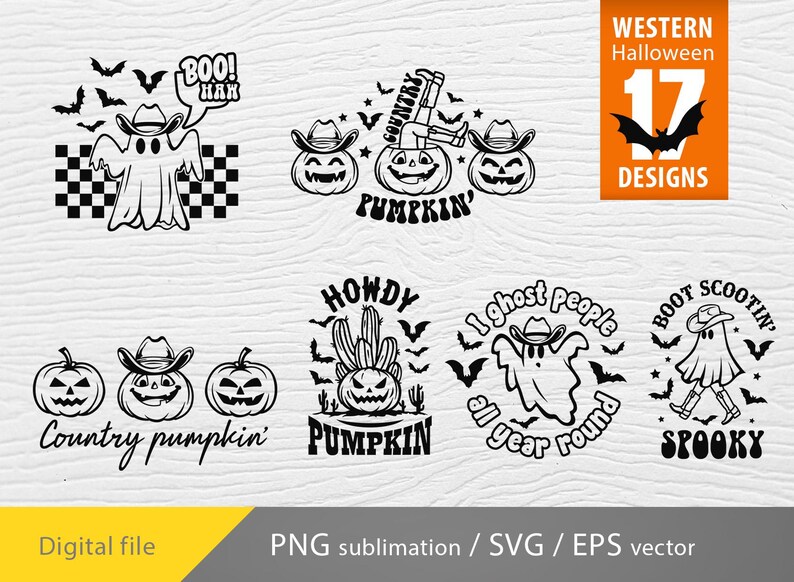K&ouml;nnte beinhalten: Ein Set mit 17 Schwarzwei&szlig;-Digitaldesigns mit K&uuml;rbissen, Geistern und Kakteen mit westlich angehauchten Halloween-Spr&uuml;chen. Der Text beinhaltet "Boo! Hah", "Country Pumpkin", "Howdy Pumpkin", "I Ghost People All Year Round" und "Boot Scootin' Spooky".