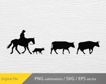 cowboy herding cows svg, cattle svg, cowboy life scene svg, farm life png, Cattle Drive Cowboy svg