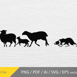 May include: Black silhouette of three sheep and a border collie dog. The sheep are walking in a line, and the dog is running towards them.