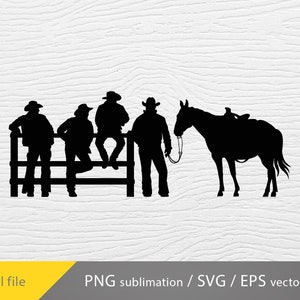 May include: Silhouette of four cowboys wearing hats and boots, standing by a fence with a horse. The cowboys are all facing the same direction, and the horse is facing the opposite direction. The image is in black and white.