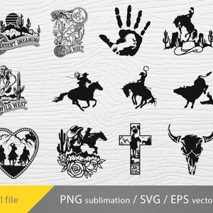 May include: A set of 10 black and white vector illustrations of western themes. The illustrations include a cowboy riding a horse, a bull, a skull, a cross, a handprint, and a desert scene. The text "Wild West" and "Desert Dreaming" are included in the illustrations.
