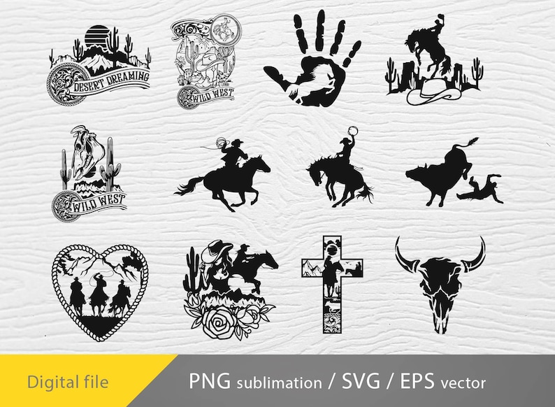 May include: A set of 10 black and white vector illustrations of western themes. The illustrations include a cowboy riding a horse, a bull, a skull, a cross, a handprint, and a desert scene. The text "Wild West" and "Desert Dreaming" are included in the illustrations.
