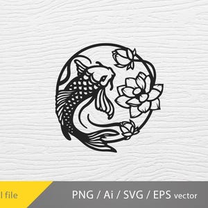 Koi Fish Svg laser cut, paper cut, Cricut Glowforge files, Lotus Flower, Floral, Mandala, Koi Carp Svg, Home decoration svg