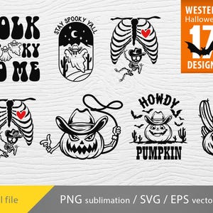 K&ouml;nnte beinhalten: Ein Set mit 17 Western-Halloween-Designs mit gruseligen K&uuml;rbissen, Skeletten und Geistern. Die Designs beinhalten S&auml;tze wie "Talk Spooky To Me" und "Howdy Pumpkin".
