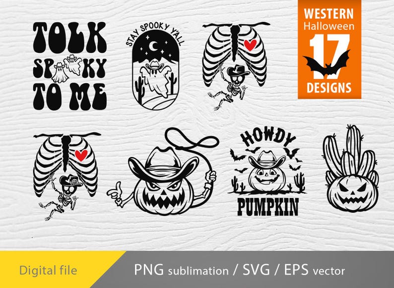 K&ouml;nnte beinhalten: Ein Set mit 17 Western-Halloween-Designs mit gruseligen K&uuml;rbissen, Skeletten und Geistern. Die Designs beinhalten S&auml;tze wie "Talk Spooky To Me" und "Howdy Pumpkin".