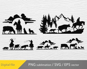 cowboy herding cows svg, cattle svg, cowboy life scene svg, farm life png, Cattle Drive Cowboy svg