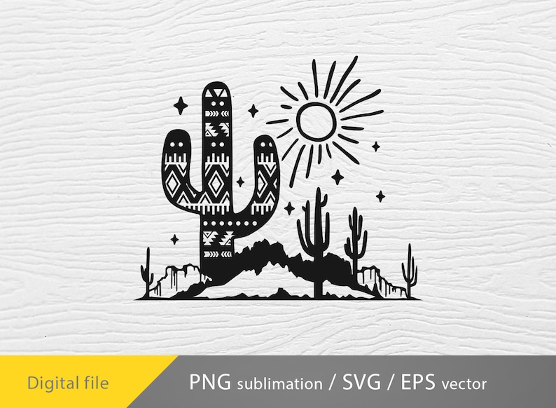 Pu&ograve; includere: Silhouette in bianco e nero di un paesaggio desertico con un grande cactus a motivi al centro, un sole con raggi e cactus pi&ugrave; piccoli sullo sfondo.