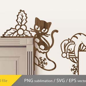 May include: Wooden Christmas-themed corner decorations featuring a holly sprig, a cat in a stocking, and a cat wearing a Santa hat. The decorations are cut from wood and are designed to be placed on a corner.