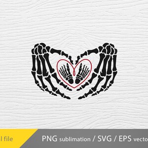 May include: Black skeletal hands forming a heart shape with a red heart inside. The heart contains two footprints.