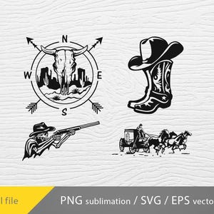 May include: A set of four black and white western-themed illustrations. The first image is a compass with a bull skull in the center. The second image is a cowboy boot with a star on the side. The third image is a skeleton holding a rifle. The fourth image is a horse-drawn carriage with three horses.