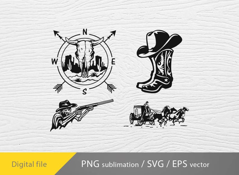 May include: A set of four black and white western-themed illustrations. The first image is a compass with a bull skull in the center. The second image is a cowboy boot with a star on the side. The third image is a skeleton holding a rifle. The fourth image is a horse-drawn carriage with three horses.