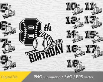 baseball birthday svg png sublimation, baseball numbers svg, cricut file, softball birthday boy png, birthday girl png
