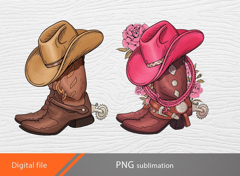 May include: Two pairs of brown cowboy boots with spurs, one with a brown cowboy hat and the other with a pink cowboy hat. Both boots have floral embellishments.