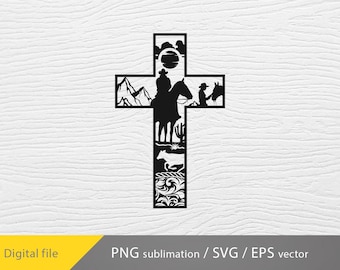 Könnte beinhalten: Schwarzweißes Silhouettendesign eines Kreuzes mit einem Cowboy, der ein Pferd reitet, einer Kuh und Bergen im Hintergrund.