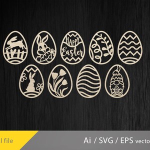Op de afbeelding: Set van tien SVG-snijbestanden voor paaseieren met verschillende ontwerpen, waaronder konijnen, bloemen, dwergen en de tekst "Happy Easter".