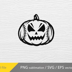 Puede incluir: Ilustración en blanco y negro de una calabaza con un patrón de puntadas de béisbol. La calabaza tiene una cara de miedo con una amplia sonrisa y dos ojos grandes.