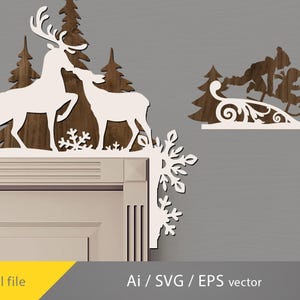 May include: A decorative wooden corner shelf featuring a winter theme. The shelf includes cut-out designs of deer, snowflakes, and a sled with people. The color scheme is white and brown, with the text "Digital file" and "Ai / SVG / EPS vector".