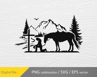 Praying Cowgirl svg, cricut file, Cowgirl kneeling praying, Cowgirl and horse, Cowgirl svg png eps