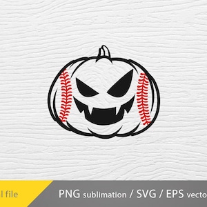 Puede incluir: Una ilustración en blanco y negro de una calabaza con un patrón de puntadas de béisbol. La calabaza tiene una cara de miedo con una amplia sonrisa y dientes puntiagudos.