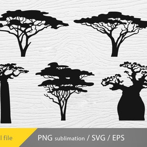 May include: Silhouettes of five different trees, including baobab trees, against a black and white background.