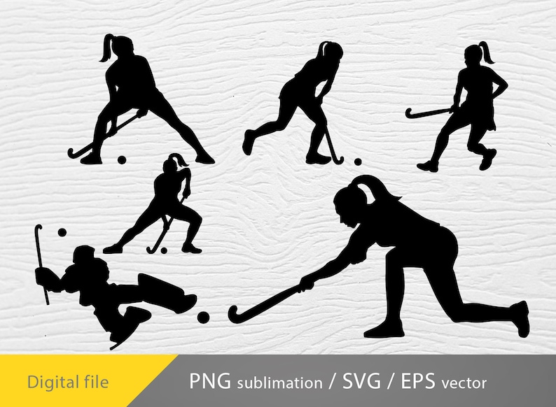 May include: Five black silhouettes of field hockey players in various poses. The players are holding hockey sticks and are in different positions on the field.