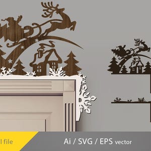 Op de afbeelding: Houten kerstdecoratie met de kerstman in een slee getrokken door rendieren, een huis en bomen. Het ontwerp bevat sneeuwvlokken en is geschikt voor hoekplaatsing. De tekst "Digital file" en "Ai / SVG / EPS vector" is ook inbegrepen.