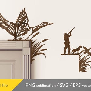 May include: Wooden wall art featuring a flying duck and a hunting scene with a hunter, dog, and ducks. The artwork is a dark brown color and includes cattails. The bottom left corner has the text "Digital file".