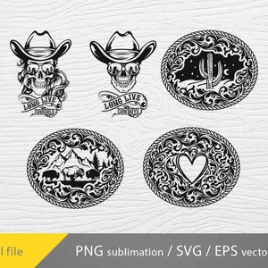 May include: A set of five black and white digital design files featuring a skull wearing a cowboy hat, a cactus, mountains, and a heart. The designs are perfect for creating custom t-shirts, mugs, and other crafts.