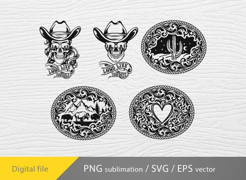 May include: A set of five black and white digital design files featuring a skull wearing a cowboy hat, a cactus, mountains, and a heart. The designs are perfect for creating custom t-shirts, mugs, and other crafts.