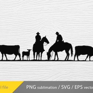 Vaquero pastoreando vacas SVG, ganado SVG, escena de la vida de un vaquero SVG, vida en la granja PNG, conducción de ganado Vaquero SVG
