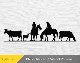 cowboy herding cows svg, cattle svg, cowboy life scene svg, farm life png, Cattle Drive Cowboy svg