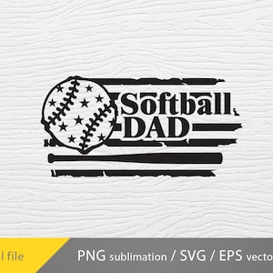 Op de afbeelding: Zwart-wit grafisch ontwerp met een softbal met sterdetails en de tekst "Softball DAD". Het ontwerp bevat een honkbalknuppel en horizontale strepen, geschikt voor sublimatie of vector.
