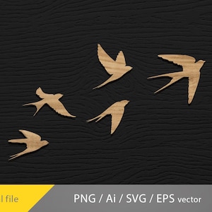 Puede incluir: Cinco golondrinas de madera en vuelo, dispuestas sobre un fondo oscuro y texturizado. Las aves son de color marrón claro, con diseños detallados de alas y cola. La imagen incluye el texto "Digital file" y "PNG / Ai / SVG / EPS vector".