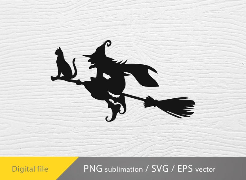 May include: Black silhouette of a witch flying on a broomstick with a black cat sitting on the broomstick handle.