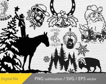 Paquete de SVG de Navidad de vaquero, SVG de árbol de Navidad de vaquero, PNG de Navidad occidental, SVG de Papá Noel vaquero, SVG de familia de vaqueros, archivos Cricut