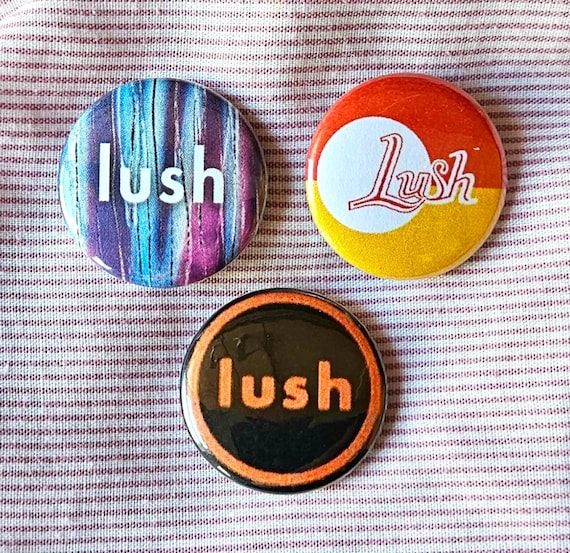 Lush (4AD / shoegaze / britpop band) three 25mm (1 inch) button pin badges, full colour logo designs.