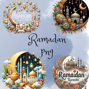 May include: Four colorful illustrations of a mosque with a crescent moon and stars. The illustrations are in a circular frame with floral and geometric designs. The text "Ramadan Kareem" is included in two of the illustrations.