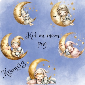 Little Girl on The Moon watercolor Clipart Bundle, Transparent PNG, Digital Download, Card Making, Cute Fantasy Illustration, Commercial Use