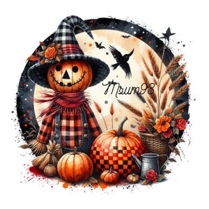 Halloween Scarecrow and Pumpkins PNG, Fall Farmhouse Clipart, Instant Digital Download, fall harvest clipart , halloween png