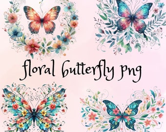Aquarel bloemen vlinder clipart | Hoge kwaliteit transparante png voor commercieel gebruik | Vlinders met bloemen | Directe digitale download