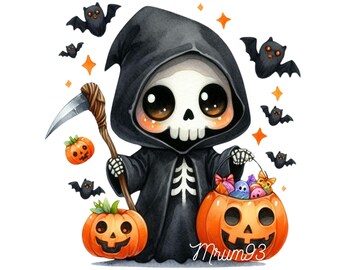 Cute Halloween Grim Reaper PNG, Instant Download Clipart , Spooky Ghost Graphic, Halloween png, cute spooky png