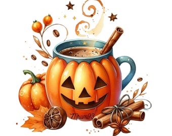 Halloween Coffee Clipart, spooky Watercolor Hot Coffee Drink Clipart, Pumpkin cup png pumpkin clipart , Instant Download, Commercial Use