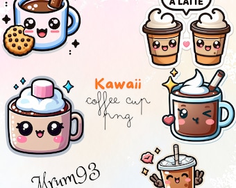 Kawaii Coffee Cup Clipart Sticker Style, Cute Coffee Cup Art, Commercial Use, Digital Download