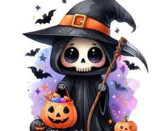 Cute Halloween Grim Reaper PNG, Instant Download Clipart , Spooky Ghost Graphic, Halloween png, cute spooky png