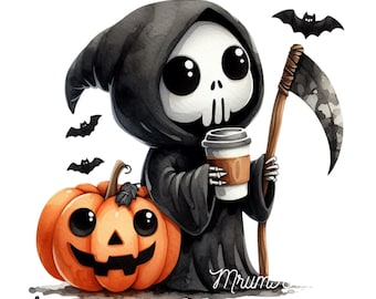 Cute Halloween Grim Reaper PNG, Instant Download Clipart , Spooky Ghost Graphic, Halloween png, cute spooky png