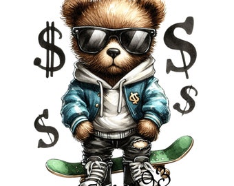 Abbigliamento da strada dell'acquerello Teddy Bear PNG, orsacchiotto hiphop, stampa digitale, stampa ad acquerello, design per il download istantaneo, immagine stampabile