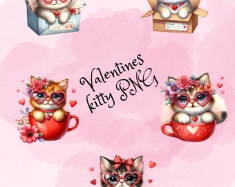 Paquete de imágenes prediseñadas de gatitos de San Valentín, imágenes prediseñadas de San Valentín, gráficos png de San Valentín, sublimación de gatitos, fondo transparente, uso comercial