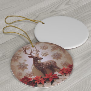 Deer Ornament, Reindeer Ornament, Christmas Decoration, Holiday Gift Idea, Round Ceramic,  Present