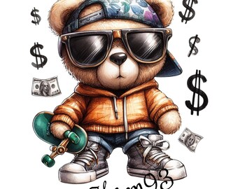 Abbigliamento da strada dell'acquerello Teddy Bear PNG, orsacchiotto hiphop, stampa digitale, stampa ad acquerello, design per il download istantaneo, immagine stampabile